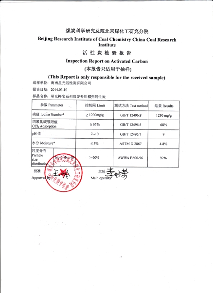 母婴煤质炭检验报告